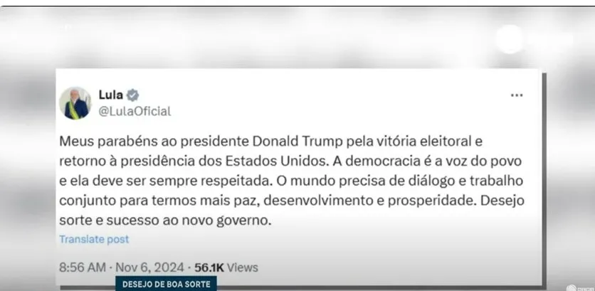 Presidente Lula parabeniza vitória de Donald Trump